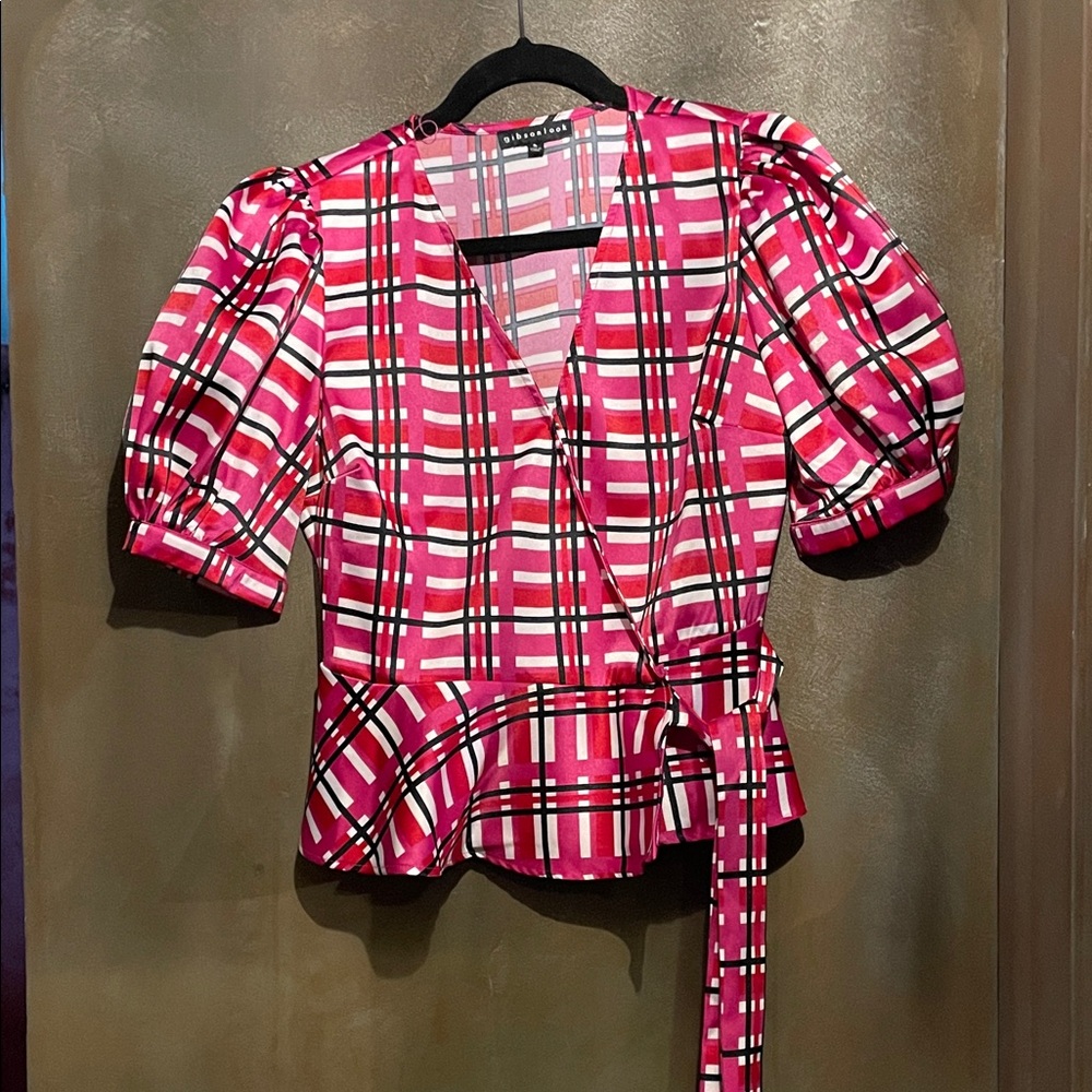 Stylish Pink Plaid Wrap Blouse